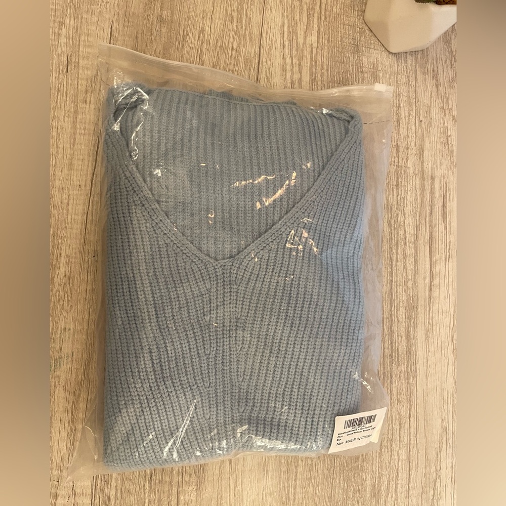 Koinshha Womens V Neck Knitted Pullover Sexy Sweater Cozy Loose Light Blue XXL